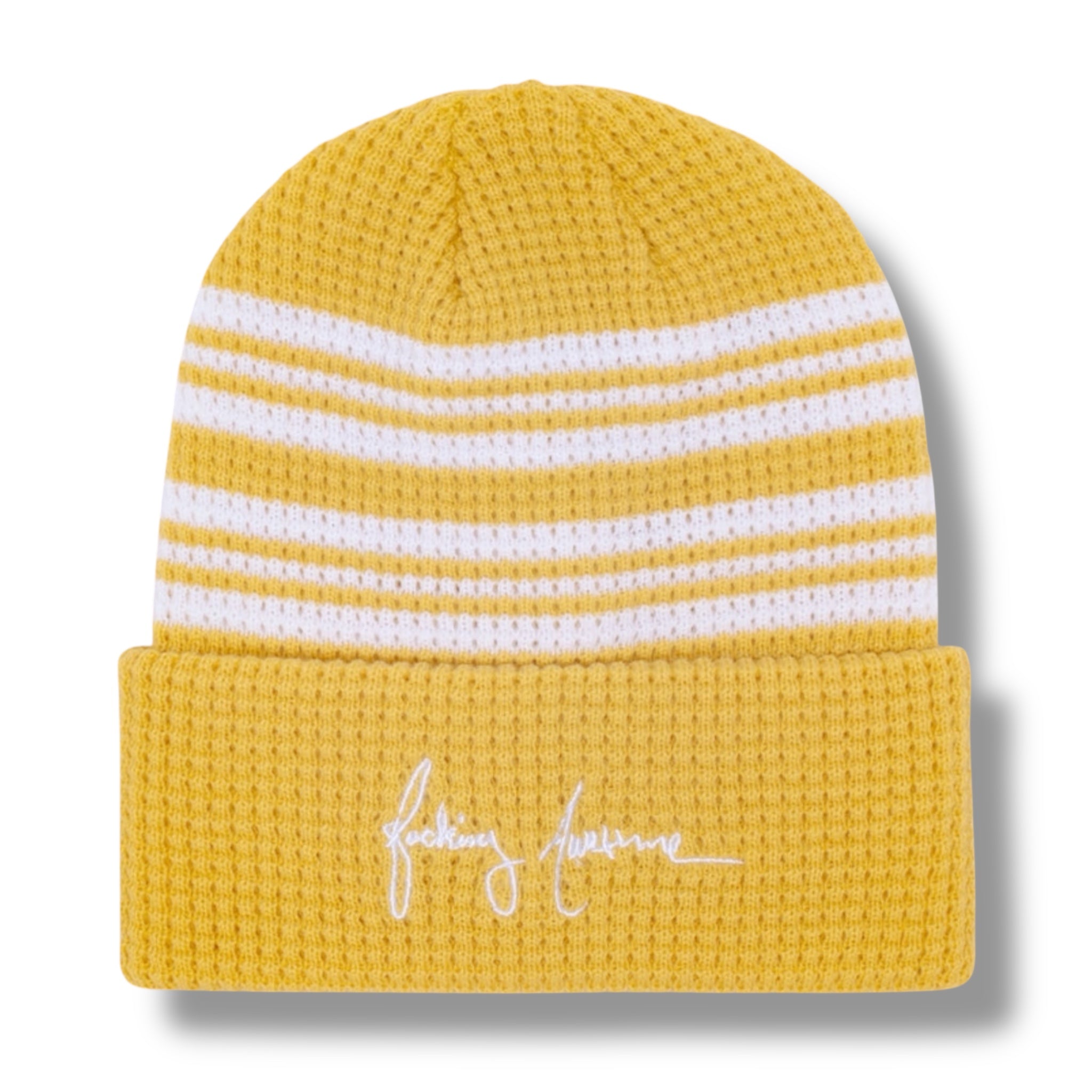 Fucking Awesome Cursive Cuff Waffle Beanie (Yellow)