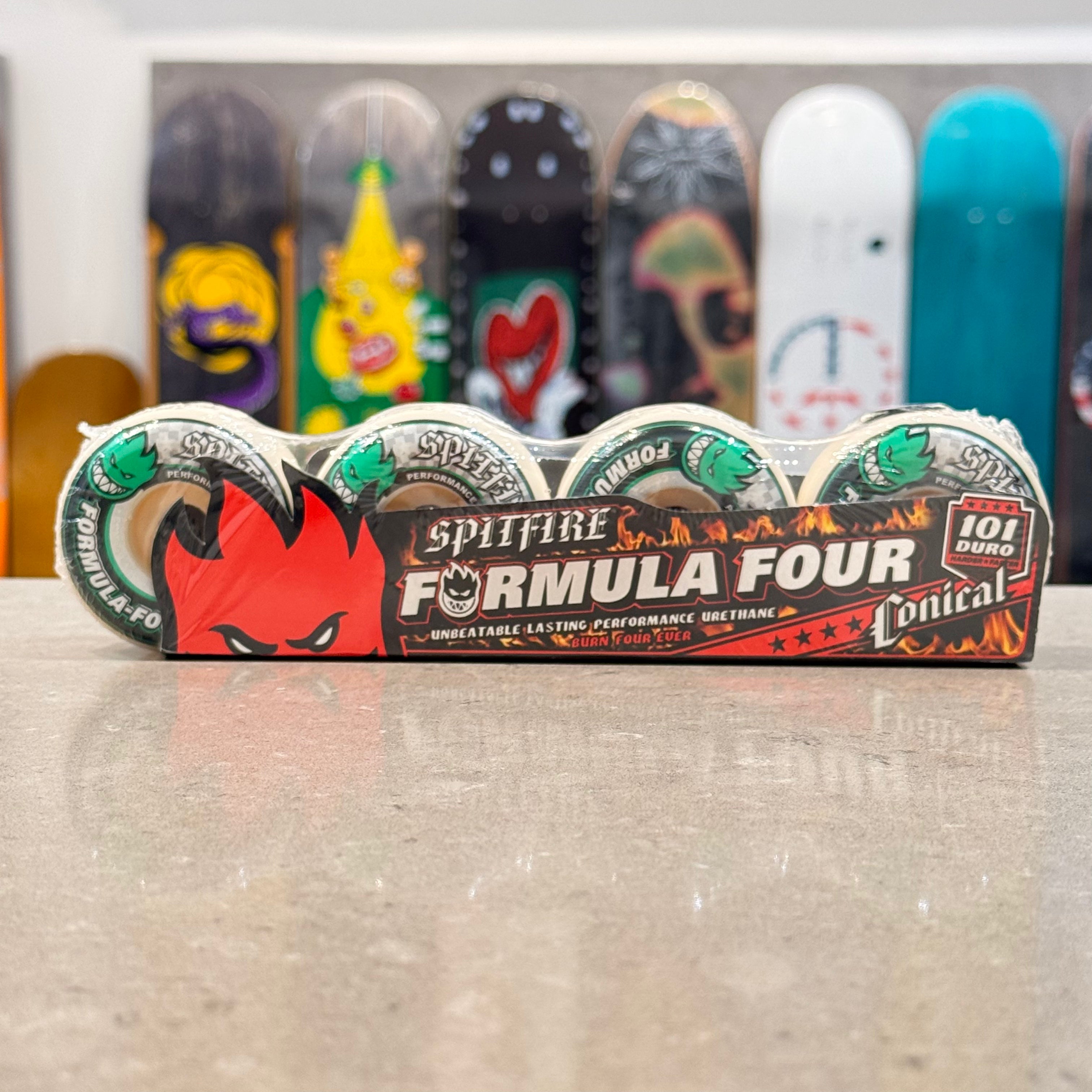 Spitfire Wheels Formula Four 101 Conicals (Green Print) 54mm
